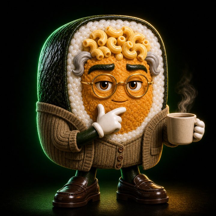 MAC, a sushi roll character with glasses and a coffee mug