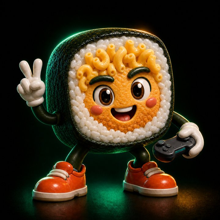 MAKI, a sushi roll character with a game controller
